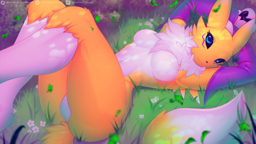 16:9 anthro blue_eyes breasts butt canid clothing digimon digimon_(species) digital_media_(artwork) featureless_breasts featureless_crotch female fur gloves handwear hi_res looking_at_viewer mammal mane nature nude renamon shaded smile solo text url valkoinen white_body white_fur widescreen yellow_body yellow_fur // 1920x1080 // 2.0MB