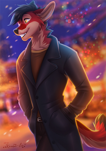 2019 anthro black_hair canid canine canis clothed clothing coyote digital_media_(artwork) fur hair kammi-lu male mammal red_body red_fur smile solo standing teeth // 707x1000 // 417KB