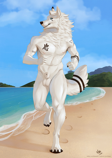 animal_genitalia anthro athletic athletic_male balls beach canid canine canis fur genitals hi_res illusie looking_at_viewer maaia male mammal mane muscular nipples nude penis running seaside sheath smile solo tattoo tattoo_on_chest tattooed_arm wolf // 877x1240 // 580.6KB