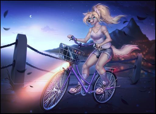 2021 4_toes 5_fingers anthro bicycle blonde_hair blue_eyes bottomwear breasts canid canine canis clothed clothing cutoffs denim denim_clothing detailed_background digital_media_(artwork) ear_piercing f-r95 feet female fingers footwear hair hi_res mammal night open_mouth outside piercing ponytail shirt shoes shorts sky smile solo star starry_sky tank_top teeth toeless_footwear toeless_shoes toes tongue topwear wolf // 1600x1161 // 2.2MB