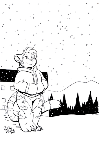 anthro black_and_white bottomless casual_exposure clothed clothing domestic_cat featureless_crotch felid feline felis hands_in_pockets hoodie line_art male mammal monochrome outside pockets rick_griffin signature snow snowing solo standing topwear walking // 770x1154 // 283.4KB