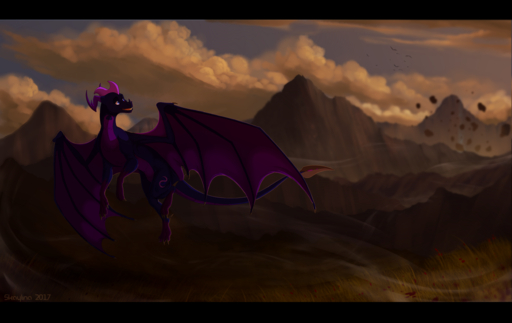 2017 black_bars day detailed_background dragon feral flying hi_res horn membrane_(anatomy) membranous_wings outside scalie skaydie sky smile solo spines western_dragon wings // 2538x1602 // 2.2MB