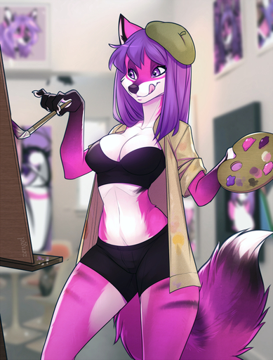 2015 anthro artist beret big_breasts biped bottomwear bra breasts brush canid canine canvas cleavage clothed clothing creating_art digital_media_(artwork) female fox fur hair hat headgear headwear inside iskra magenta_fur mammal midriff navel open_clothing open_shirt open_topwear paint paintbrush painting purple_body purple_eyes purple_fur purple_hair selene_leni shaded shirt shorts skimpy solo standing stripes tongue tongue_out topwear underwear white_body white_fur // 684x900 // 739.1KB