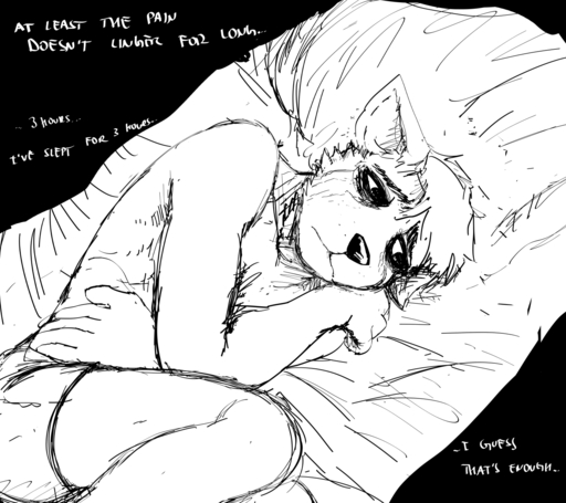 2020 anthro bags_under_eyes bed black_and_white bodily_fluids boxers_(clothing) canid canine canis clothing comic crying daniel_(hladilnik) english_text furniture hi_res hladilnik male mammal monochrome on_bed sketch solo tears text underwear wolf // 1440x1280 // 246.2KB