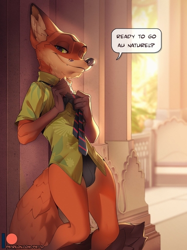 2021 3:4 anthro brown_body brown_fur bulge canid canine clothing dialogue digital_media_(artwork) english_text eyebrows eyelashes fox fur green_eyes hi_res looking_at_viewer male mammal necktie nick_wilde orange_body orange_fur patto smile solo talking_to_viewer text undressing // 1125x1500 // 194.6KB