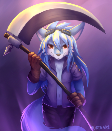 2014 anthro blue_body blue_fur canid canine clothed clothing eyewear fox fur gloves goggles hair handwear hi_res long_hair male mammal melee_weapon nurinaki polearm scythe simple_background smile solo weapon // 1028x1200 // 972.8KB