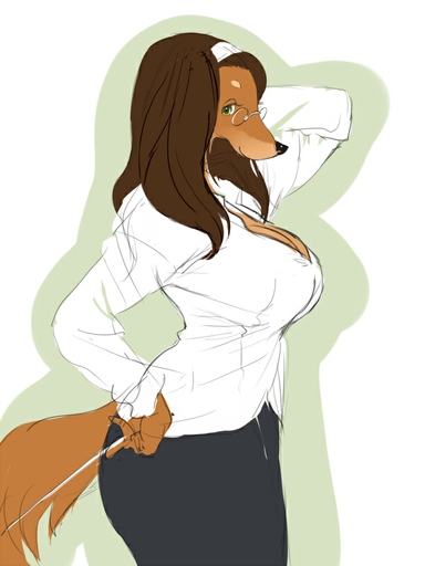 2016 3:4 accessory afghan_hound anthro big_breasts big_butt black_nose bottomwear breasts brown_body brown_fur brown_hair butt canid canine canis cleavage clothed clothing colored_sketch curvaceous curvy_figure digital_media_(artwork) domestic_dog eyelashes eyewear female fur glasses green_eyes hair hair_accessory hairband hand_behind_head hand_on_hip hunting_dog kemono kikurage lewd_teacher_(kikurage) long_hair looking_at_viewer mammal mature_anthro mature_female pointer shirt side_view sighthound simple_background skirt smile solo topwear voluptuous white_background // 600x800 // 81.7KB