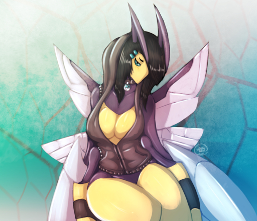 2014 anthro anthrofied arthropod avante92 big_breasts black_hair breasts cleavage clothed clothing collar female hair hi_res hymenopteran insect insect_wings mega_beedrill mega_evolution net_ball non-mammal_breasts pokeball pokeball_collar pokemon_(species) pokemorph solo video_games wings yellow_body yellow_skin // 1400x1200 // 2.0MB