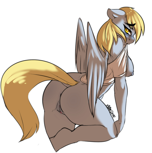 2014 anthro anthrofied anus avante92 biped blonde_hair blush breasts butt clothing derpy_hooves_(mlp) equid equine feathered_wings feathers female genitals grey_body grey_feathers hair hi_res horse looking_at_viewer mammal nipples pegasus pussy shirt simple_background solo topwear undressing white_background wings yellow_eyes // 1435x1443 // 788.9KB
