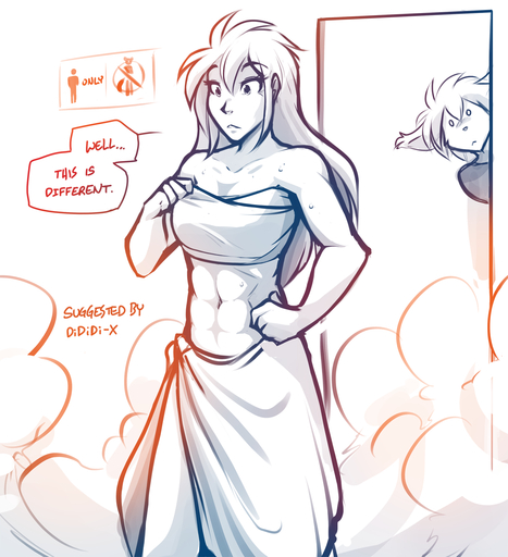 2019 abs alternate_species anthro athletic basitin blush bodily_fluids breasts chest_wraps cleavage clothed clothing conditional_dnp dialogue door duo english_text female hi_res human human_focus humanized inside keith_keiser king_adelaide male mammal midriff monochrome navel not_furry_focus peeking sign simple_background sketch solo_focus stare steam sweat text tom_fischbach towel towel_only twokinds webcomic webcomic_character white_background wraps // 1168x1280 // 647.1KB