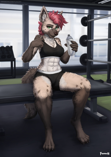 5_fingers abs anthro barefoot bottle bottomwear bra breasts canid canine canis cleavage clothed clothing digital_media_(artwork) feet female fingers foxovh fur green_eyes gym hair hi_res holding_bottle holding_object hyaenid looking_at_viewer mammal midriff muscular muscular_anthro muscular_female red_hair shirt smile solo sports_bra spotted_hyena toes topwear underwear yakeera_(hoofen) // 905x1280 // 652.2KB