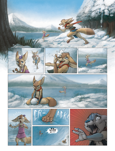 2014 anthro blue_eyes broken_ice canid canine clothed clothing comic detailed_background digital_media_(artwork) duo fangs feels female fennec fox fur hi_res ice lake male mammal open_mouth open_smile outside peril plant reaching sky smile snow teeth tongue tree uhoh vulpes winter young zaush // 1222x1600 // 917.7KB