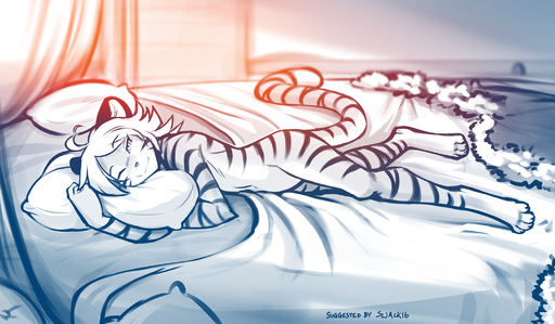 2021 anthro bed casual_nudity conditional_dnp convenient_censorship digitigrade felid female fur furniture hi_res hugging_pillow ivy_(twokinds) keidran looking_at_viewer lying mammal monochrome navel nude on_bed on_side one_eye_closed pantherine pillow sketch smile solo striped_body striped_fur stripes tiger tom_fischbach twokinds webcomic // 2091x1221 // 2.3MB