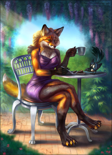 2017 ambiguous_gender anthro avian bird brown_body brown_fur canid canine chair clothing container corvid cup detailed_background digital_media_(artwork) dress duo eurasian_magpie female fox fur furniture holarctic_magpie magpie_(corvid) mammal oscine passerine paws red-izak red_fox reyna_(reynafox) sitting solo_focus table vulpes // 804x1114 // 612.9KB
