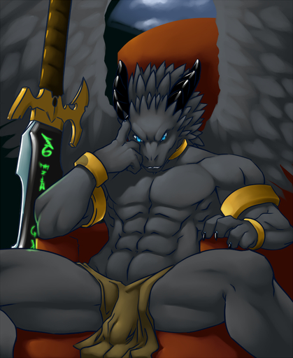 abs anthro biceps big_muscles blue_eyes bottomwear bulge chair claws clothed clothing dragon faint feathered_dragon feathered_wings feathers furniture grey_body horn loincloth looking_at_viewer male melee_weapon muscular muscular_anthro muscular_male pecs scalie solo sword throne topless weapon wings // 750x916 // 490.5KB