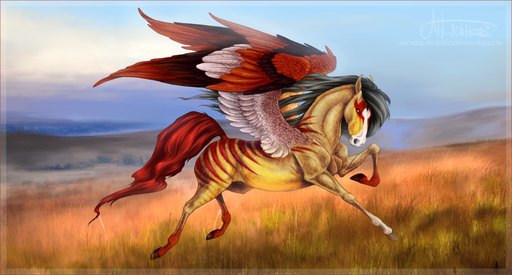 2016 arsauron black_hair border day detailed_background digital_media_(artwork) equid equine feathered_wings feathers feral grass hair hooves horse mammal outside pegasus plant red_border sky wings // 1583x849 // 1.5MB