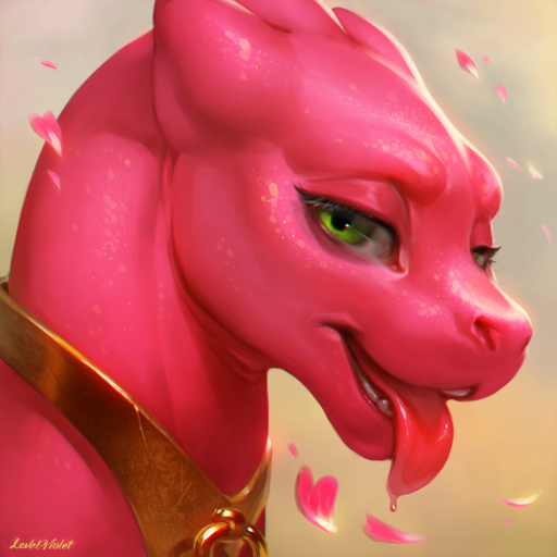 1:1 2019 <3 alexandrite bodily_fluids collar digital_media_(artwork) digital_painting_(artwork) dragon eyelashes female feral flower_petals green_eyes half-closed_eyes levelviolet looking_at_viewer narrowed_eyes open_mouth open_smile petals pink_body pink_scales red_tongue saliva scales scalie simple_background smile solo tan_background tongue tongue_out // 800x800 // 718.9KB