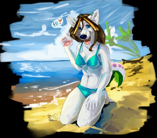 5_fingers anthro beach bikini biped blue_eyes breasts brown_hair canid canine canis clothing day detailed_background digital_media_(artwork) ear_piercing english_text female fingers fur hair kneeling looking_at_viewer mammal midriff navel open_mouth outside piercing sand seaside shaded sky solo swimwear text tongue ulitochka water white_body white_fur wolf // 1280x1123 // 223KB