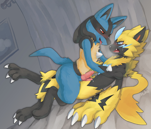 2019 animal_genitalia animal_penis anthro anthro_on_anthro blue_body blue_eyes blush bodily_fluids canine_penis claws duo frottage genitals hi_res huka knot knot_frottage legendary_pokemon lucario male malemale nintendo open_mouth penis pokemon pokemon_(species) red_eyes sex sweat sweatdrop tapering_penis toe_claws tongue tongue_out video_games whiskers zeraora // 2480x2126 // 2.4MB