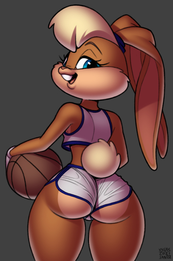 2021 2:3 anthro ball basketball_(ball) basketball_uniform blonde_hair blue_eyes bottomwear butt clothed clothing female grey_background hair hi_res holding_object lagomorph leporid lola_bunny looking_at_viewer looking_back looney_tunes mammal open_mouth rabbit rear_view simple_background skimpy solo space_jam sportswear standing tight_bottomwear tight_clothing uniform warner_brothers wide_hips xylas // 800x1200 // 500.7KB