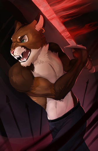 2017 5_fingers anthro brown_body brown_fur cougar digital_media_(artwork) felid feline fingers fur green_eyes hi_res holding_object holding_sword holding_weapon lynncore male mammal melee_weapon open_mouth solo sword teeth tongue weapon // 837x1280 // 120.8KB