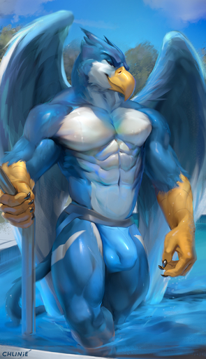 2019 anthro avian beak blue_body blue_feathers bulge chunie claws clothed clothing detailed_background digital_media_(artwork) feathered_wings feathers forearms genital_outline glistening gryphon hi_res jericko_(germanshepherd69) jockstrap looking_at_viewer male muscular muscular_anthro muscular_male mythological_avian partially_submerged penis_outline scaled_forearms scales smile solo standing swimming_pool topless underwear wet white_body white_feathers wings // 737x1280 // 498.7KB