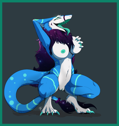 2017 4_fingers 5_toes absurd_res anthro athletic athletic_anthro athletic_female belly big_breasts biped blue_body blue_claws blue_eyes blue_fur blue_markings blue_nipples blue_pussy blue_tongue border breast_squeeze breasts chest_tuft claws crouching dreycothewyrm feet female fingers fur genitals green_border hand_on_breast hi_res holding_breast mammal markings nipples nude presenting presenting_pussy pussy sergal sharp_claws sharp_teeth signature simple_background solo teeth thick_thighs toe_claws toes tongue tongue_out tuft white_belly zektra_(sigii_miau) // 3762x4000 // 3.3MB