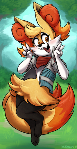 2021 absurd_res anthro braixen breasts clothing digitigrade ear_tuft fangs female forest fur hi_res jacket keadonger looking_at_viewer nintendo orange_body orange_fur outside paws plant pokemon pokemon_(species) scarf solo topwear tree tuft under_boob video_games white_body white_fur yellow_body yellow_fur // 1822x3520 // 2.3MB