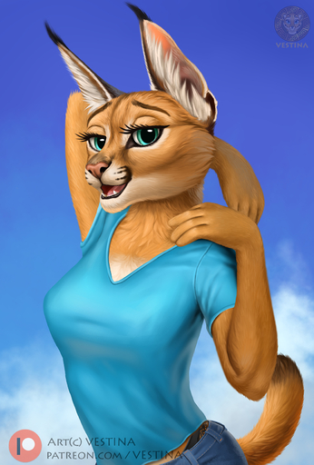 4_fingers anthro black_clothing black_panties black_underwear blue_bottomwear blue_clothing blue_eyes blue_jeans blue_pants blue_shirt blue_sky blue_t-shirt blue_topwear bottomwear caracal caracal_(genus) clothed clothing cloud denim denim_clothing felid feline female fingers fur hi_res inner_ear_fluff jeans looking_at_viewer mammal neck_fur open_mouth orange_body orange_fur panties pants shirt simple_background sky smile solo t-shirt teeth text topwear tuft underwear url vestina // 1200x1776 // 787KB