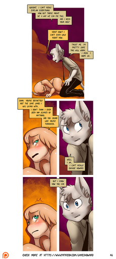 absurd_res anthro blue_eyes blush clothed clothing comic dialogue domestic_cat english_text felid feline felis gabe_(james_howard) girly green_eyes hi_res james_(james_howard) james_howard mammal necktie nude outside text url // 1578x3512 // 2.1MB