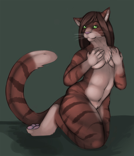 anthro biped chest_tuft conditional_dnp covering covering_self domestic_cat felid feline felis female fur genitals green_background green_eyes hair kneeling mammal nude paws pussy remmmy shy simple_background solo tojo_the_thief tuft whiskers // 926x1080 // 492.5KB