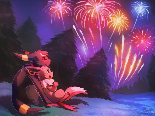 2015 4:3 black_body black_fur blush brown_body brown_fur canid canine chest_tuft cloud collar colorful detailed_background duo eevee eeveelution emma_the_eevee fan_character female feral fireworks forest fur grass happy haychel lake leaning male mammal multicolored_body multicolored_fur night nintendo open_mouth outside plant pokemon pokemon_(species) pose qwazzy romantic romantic_ambiance sitting sky smile tree tuft two_tone_body two_tone_fur umbreon video_games wood yellow_body yellow_fur // 1280x960 // 203.2KB