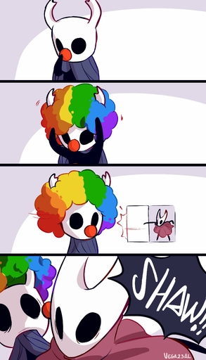 2022 absurd_res afro ambiguous_gender anthro arthropod being_watched black_eyes clothing clown_nose comic dialogue duo english_text female hair hi_res hornet_(hollow_knight) looking_at_another motion_lines multicolored_hair protagonist_(hollow_knight) rainbow_hair signature speech_bubble text vega23al vessel_(species) video_games walk-in // 2341x4096 // 463.9KB