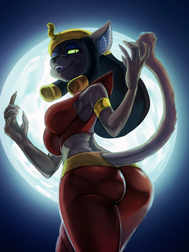 5_fingers anthro black_hair black_nose breasts butt clothing digital_media_(artwork) felid female fingers full_moon fur general-irrelevant gold_(metal) gold_jewelry grey_body grey_fur hair hat headgear headwear hi_res inner_ear_fluff jewelry low-angle_view mammal mirage_(disney) moon open_mouth pupils simple_background slit_pupils smile solo tuft yellow_sclera // 1080x1440 // 599.9KB