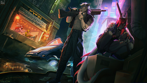 16:9 2019 abs anthro building canid canine canis clothed clothing cybernetic_arm cybernetic_limb cybernetics cyberpunk cyberpunk_2077 detailed_background digital_media_(artwork) domestic_dog duo_focus female footwear fox group gun hair hitmore holding_gun holding_object holding_weapon hybrid jericho_dark kiss-of-madness machine male mammal mindmachine naomi_fox neon night prosthetic ranged_weapon red_fox red_hair reflection shoes signature standing vulpes weapon widescreen // 1280x720 // 1.5MB