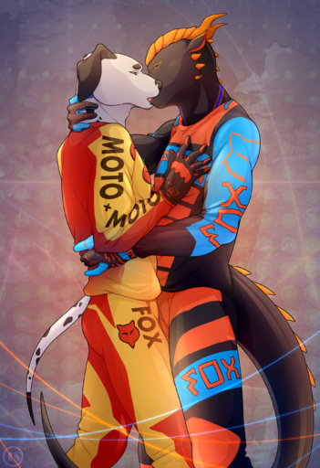 absurd_res anthro armor biker canid canine canis clothing dalmatian domestic_dog dragon duo eglan gear hi_res kissing male malemale mammal motocross mx mxsuit suit tres-art // 1920x2800 // 4.2MB