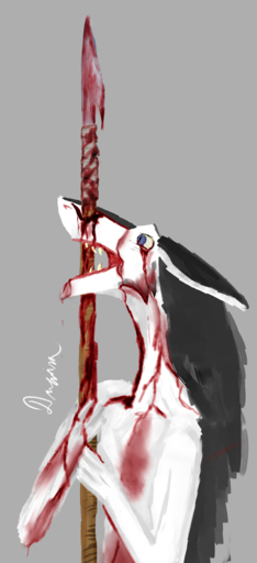 2020 absurd_res anthro blood bodily_fluids draim fur gore hair hi_res impalement male melee_weapon open_mouth polearm sergal solo spear standing teeth weapon // 2445x5345 // 3.4MB