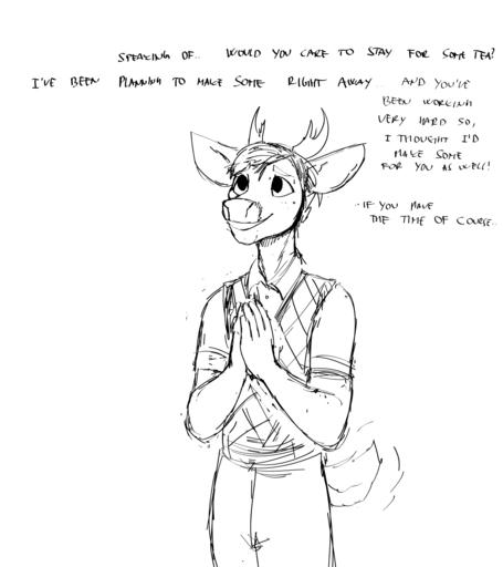 2021 anthro antlers cervid clothed clothing comic deer_prince dialogue english_text hi_res hladilnik horn male mammal monochrome motion_lines simple_background solo sweater sweater_vest tailwag text topwear vest white_background // 1280x1440 // 132.9KB
