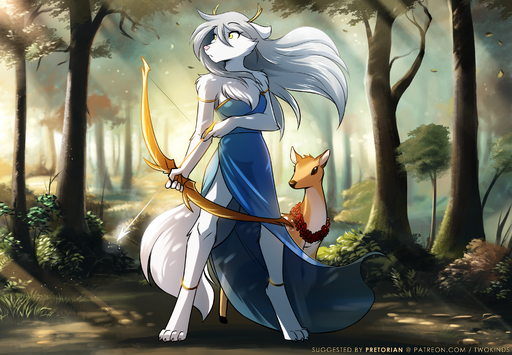2020 alternate_version_at_source anthro arrow bare_shoulders barefoot bow_(weapon) breasts canid canine canis cervid chest_tuft chiton cleavage clothed clothing collar conditional_dnp digitigrade dress duo feet female feral forest fur hi_res holding_object holding_weapon hooves horn keidran looking_aside mammal outside plant raine_silverlock ranged_weapon solo spots spotted_body spotted_fur text tom_fischbach tree tuft tunic twokinds url weapon webcomic webcomic_character wolf // 3119x2160 // 10.4MB