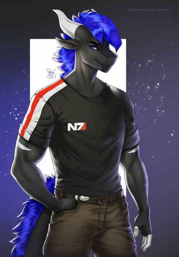 2021 anthro black_body black_scales blue_eyes blue_hair clothed clothing digital_media_(artwork) dragon eyebrows eyelashes hair hand_in_pocket hi_res horn male n7 pockets scales smile solo video_games wingless_dragon yasmil // 1000x1429 // 139.6KB
