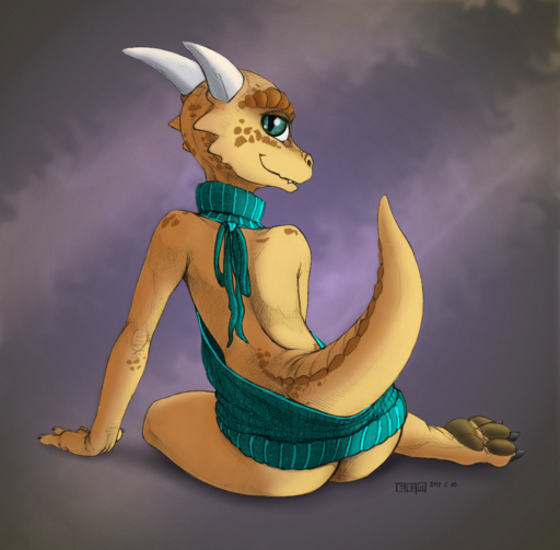 2017 abstract_background anthro bare_back biped butt clothed clothing dayelyte ecmajor female green_eyes horn kobold looking_at_viewer meme meme_clothing pawpads paws scalie simple_background sitting smile solo sweater topwear virgin_killer_sweater // 1103x1083 // 1.7MB