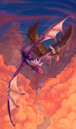 blue_eyes brown_body brown_feathers brown_fur claws digital_media_(artwork) dragon duo feathered_dragon feathered_wings feathers female feral flying fur hair hi_res horn male membrane_(anatomy) membranous_wings open_mouth outside shaded sky star starry_sky teeth ulitochka white_hair wings // 760x1280 // 161.4KB