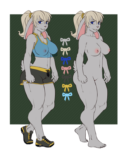 5:6 anthro athletic athletic_anthro athletic_female biped bottomwear breasts clothing faint featureless_crotch female footwear genitals hi_res lagomorph leporid looking_at_viewer mammal model_sheet navel nipples nude offon pussy rabbit shirt shoes shorts smile solo standing thick_thighs topwear // 1000x1200 // 354.8KB