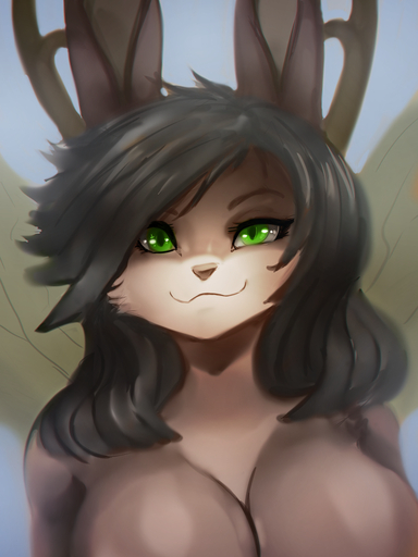 3:4 anthro antlers big_breasts black_hair breasts brown_body brown_fur brown_nose female fur general-irrelevant green_eyes hair hi_res horn hybrid insect_wings mits_(character) simple_background smile solo wings // 1080x1440 // 1.2MB