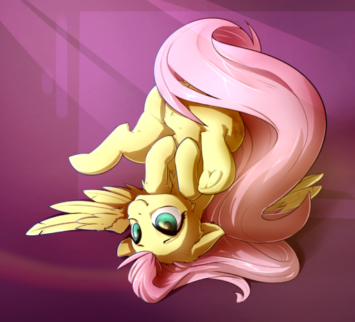 2016 blue_eyes cutie_mark equid equine eto_ya feathered_wings feathers female feral fluttershy_(mlp) friendship_is_magic fur hair hasbro hi_res hooves horse long_hair mammal my_little_pony pegasus pink_background pink_hair simple_background smile solo underhoof upside_down wings yellow_body yellow_feathers yellow_fur // 2101x1903 // 2.5MB