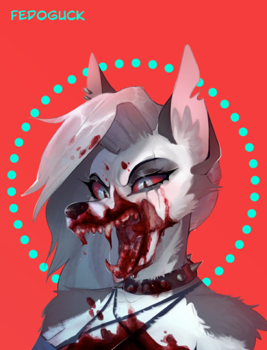 2021 absurd_res alternate_version_at_source anthro black_nose blood bodily_fluids bust_portrait canid canid_demon collar demon drooling ear_piercing eyeliner fangs fedoguck female fur gore grey_body grey_eyes grey_fur hair hellhound helluva_boss hi_res licking looking_at_viewer loona_(vivzmind) makeup mammal mouth_shot notched_ear open_mouth pentagram piercing portrait pupils red_background red_sclera saliva self_lick sharp_teeth silver_hair simple_background slit_pupils solo spiked_collar spikes teeth tongue tongue_out white_body white_fur // 1904x2500 // 4.0MB