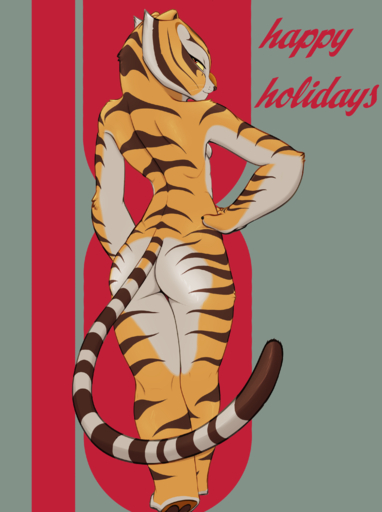 absurd_res anthro back_muscles breasts butt christmas dreamworks english_text felid female hand_on_hip hi_res holidays kung_fu_panda looking_back mammal master_tigress nude pantherine rear_view red_eyes sabrotiger side_boob simple_background small_breasts text tiger whiskers yellow_sclera // 2267x3035 // 1.3MB
