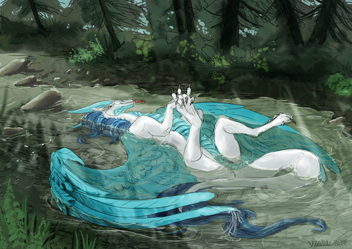 1girls 2016 blue_feathers blue_scales dragon feathered_wings feathers female feral forest itaris lying outside presenting pussy river scales solo spread_legs spreading summer tongue_out velannal water white_body white_skin wings // 1200x848 // 1.5MB