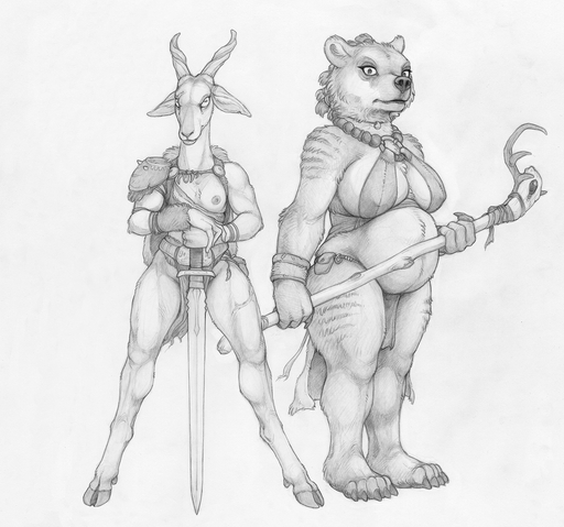2019 5_fingers 5_toes antelope anthro areola bovid breasts chubby_female clothed clothing duo ecmajor feet female fingers greyscale holding_object holding_weapon hooves horn looking_at_viewer mammal melee_weapon monochrome muscular muscular_female nipples pose shoulder_pads simple_background skimpy staff standing sword toes ursid weapon white_background // 1194x1116 // 1.1MB