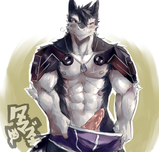 abs anthro armor biceps big_muscles biped black_body black_fur black_hair blue_eyes blush bodily_fluids boxer_briefs clothed clothing clothing_pull discordnight erection fur genitals hair hi_res looking_at_viewer male mammal muscular muscular_anthro muscular_male nipples pecs penis poking_out sergal simple_background solo standing sweat tamazuki_akiyama teeth topless underwear underwear_down underwear_pull vein white_body white_fur // 1280x1224 // 1.3MB